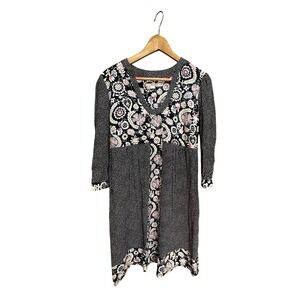 Boden WW096 Mixed Floral Polka Dot Print V-Neck Shift Dress Black White Size 6